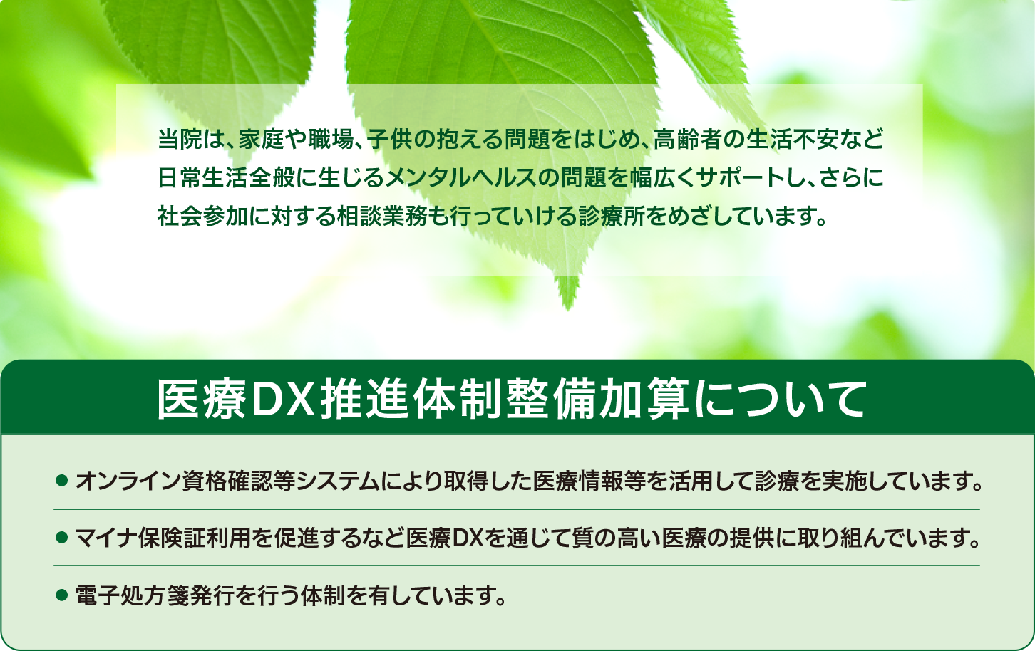 ���@�́A�ƒ��E��A�q���̕���������͂��߁A����҂̐����s���ȂǓ��퐶���S�ʂɐ����郁���^���w���X�̖��𕝍L���T�|�[�g���A����ɎЉ�Q���ɑ΂��鑊�k�Ɩ����s���Ă�����f�Ï����߂����Ă��܂��B